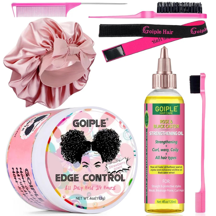 KIT Huile de ricin Rose et Noir pour la croissance et coiffage facile des cheveux