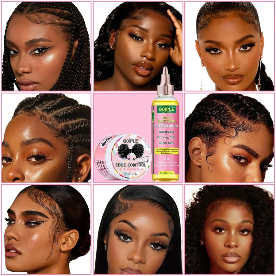 KIT Huile de ricin Rose et Noir pour la croissance et coiffage facile des cheveux